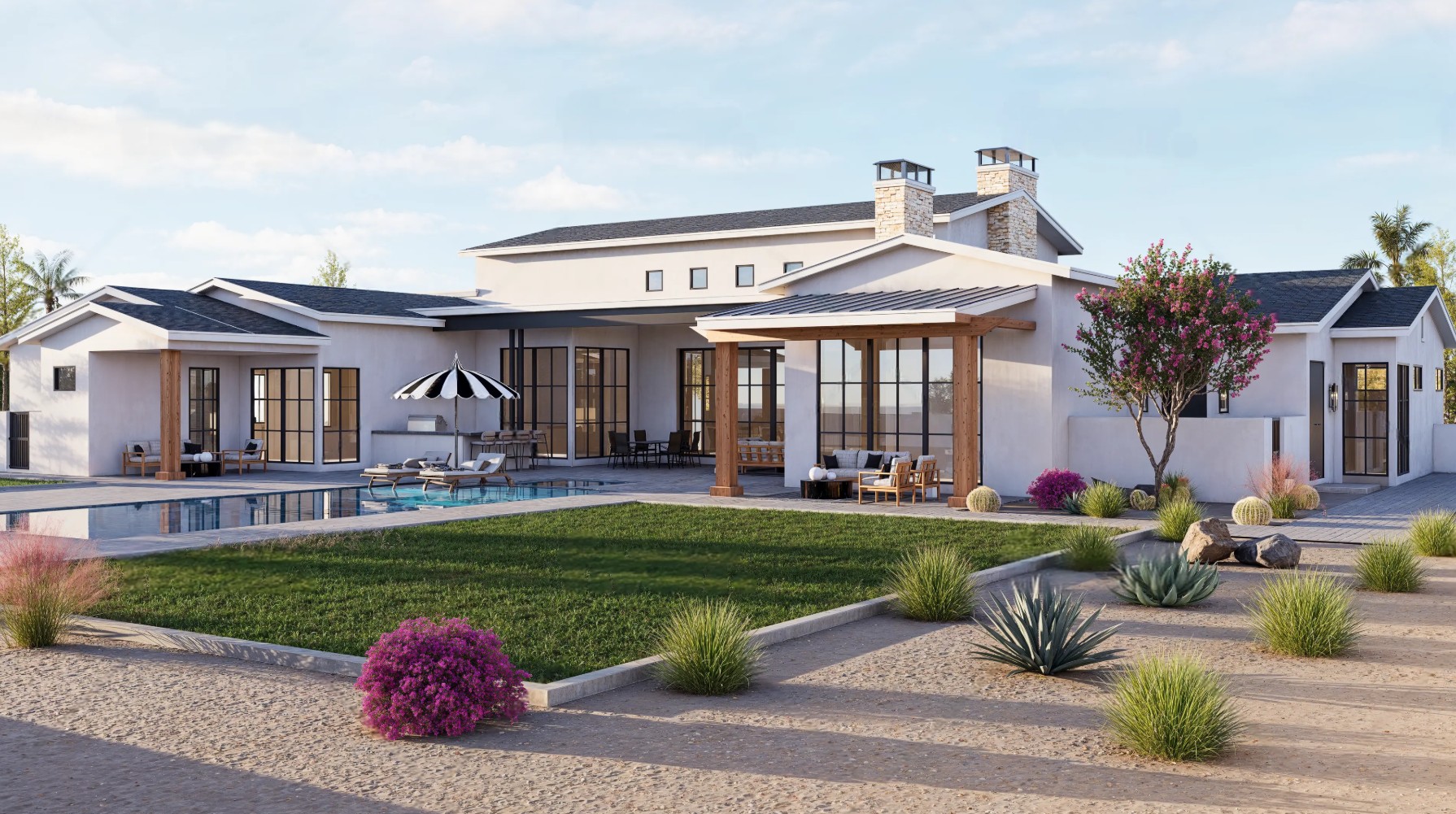 Desert Estates Modern Ranch rear exterior rendering with pool, covered patios, lawn and desert landscaping