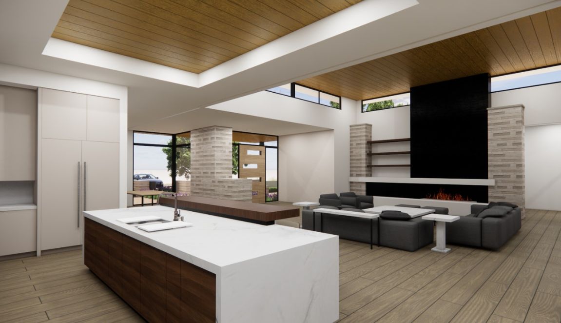 Patterson Ranch Contemporary interior rendering with open kitchen, great room, linear fireplace and clerestory windows