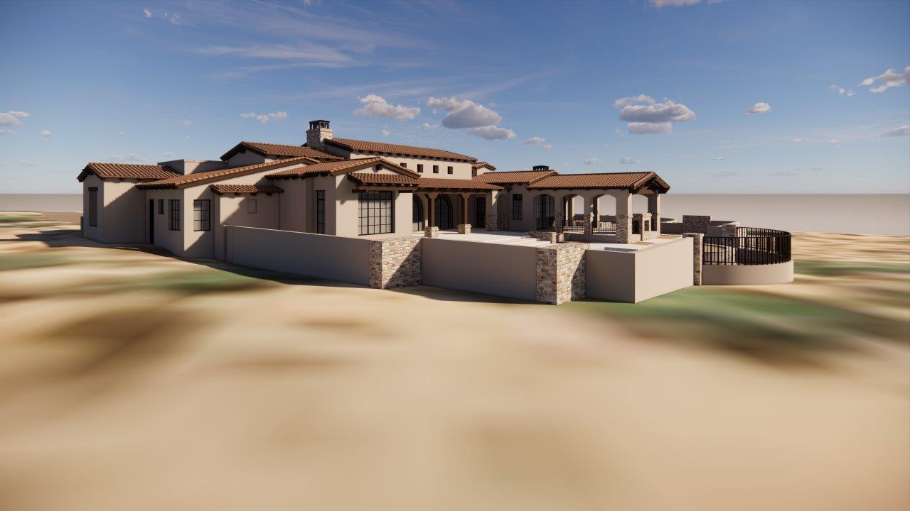 Whisper Rock Spanish Colonial rear exterior rendering with tiled roofs, covered patio and layered stone accents